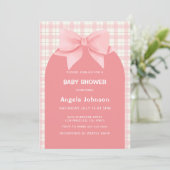 Schattige roze gingham geruite boog meisje Baby sh Kaart (Staand voorkant)