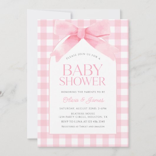 Schattige roze gingham met boog meisje Baby shower Kaart (Voorkant)