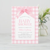 Schattige roze gingham met boog meisje Baby shower Kaart (Staand voorkant)
