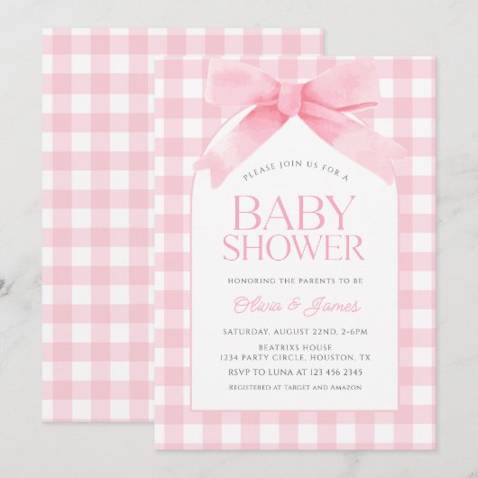 Schattige roze gingham met boog meisje Baby shower Kaart (Voorkant / Achterkant)
