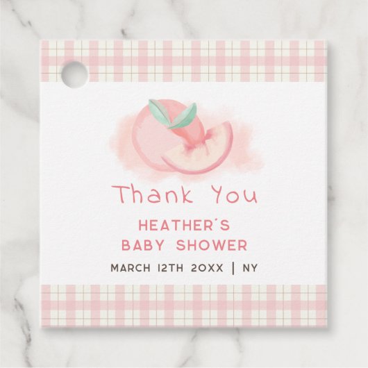 Schattige roze gingham perzik Baby shower dank u Bedankjes Labels (Voorkant)