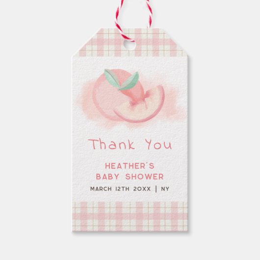 Schattige roze gingham perzik Baby shower dank u Cadeaulabel (Voorkant)