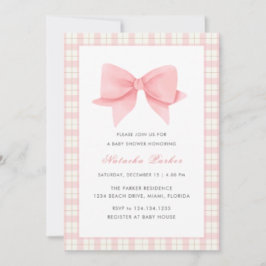 Schattige Roze Gingham Plaid Bow Meisje Baby showe Kaart (Voorkant)