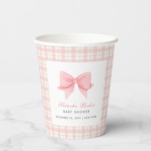 Schattige Roze Gingham Plaid Bow Meisje Baby showe Papieren Bekers (Achterkant)