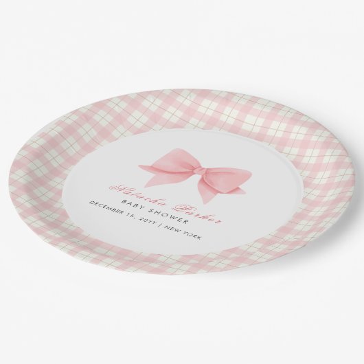 Schattige Roze Gingham Plaid Bow Meisje Baby showe Papieren Bordje (Gekanteld)
