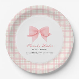 Schattige Roze Gingham Plaid Bow Meisje Baby showe Papieren Bordje