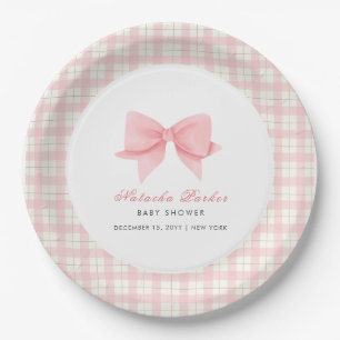 Schattige Roze Gingham Plaid Bow Meisje Baby showe Papieren Bordje