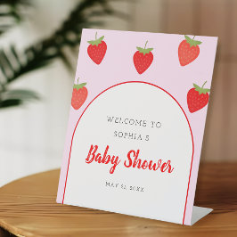 Schattige Roze Girly Aardbei Baby shower Reclamebord Met Voetstuk