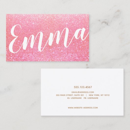 Schattige roze glitter handgeschreven script kalli visitekaartje (Voorkant / Achterkant)