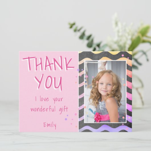 Schattige roze golven meisje verjaardag foto bedankkaart (Staand voorkant)