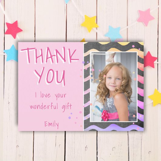 Schattige roze golven meisje verjaardag foto bedankkaart