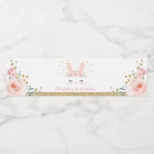 Schattige Roze Goud Bloemen Konijnenfeestgunsten Waterfles Etiket (Enkel label)