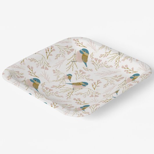 Schattige Roze Goud Chickadee Vogel Bloemen Harten Papieren Bordje (Gebogen)