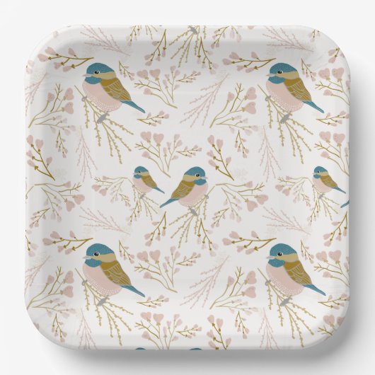 Schattige Roze Goud Chickadee Vogel Bloemen Harten Papieren Bordje (Voorkant)