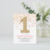 Schattige Roze Goud Glitter Confetti Meisje 1e Ver Briefkaart (Staand voorkant)
