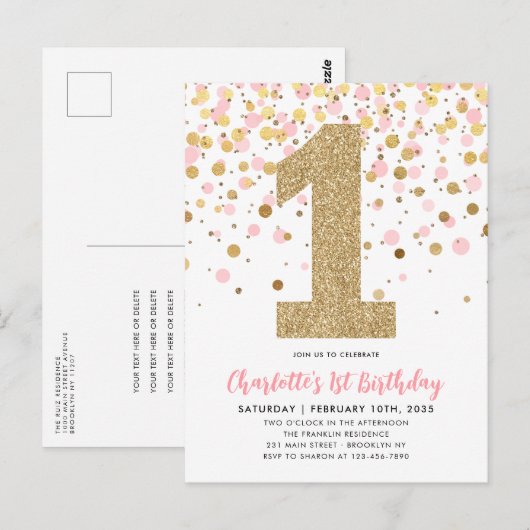 Schattige Roze Goud Glitter Confetti Meisje 1e Ver Briefkaart (Voorkant / Achterkant)