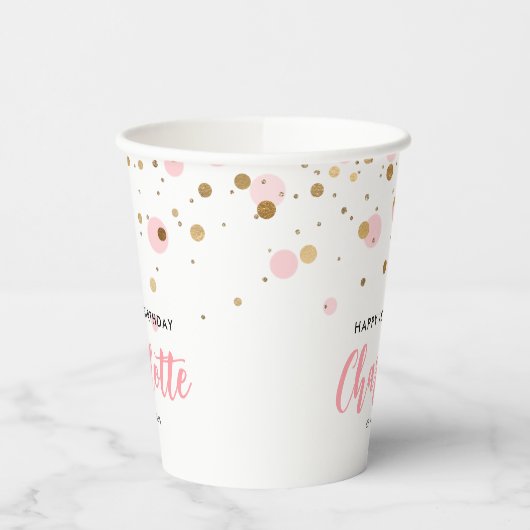 Schattige Roze Goud Glitter Confetti Stippen Kinde Papieren Bekers (Links)