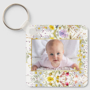 Schattige Roze Gouden Bloemige Aquarel Baby Meisje Sleutelhanger