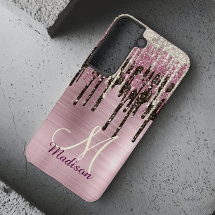 Schattige roze gouden bruine glittersdruppels mono samsung galaxy hoesje