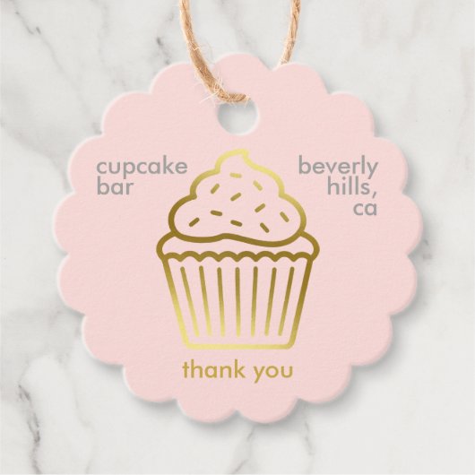 Schattige roze + gouden cupcake bakkerij product h bedankjes labels (Voorkant)