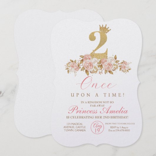 Schattige Roze Gouden Kroon Prinses 2de Verjaardag Kaart (Voorkant / Achterkant)