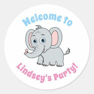 Schattige Roze & Grijs Blauwe Ogen Cartoon Olifant Ronde Sticker