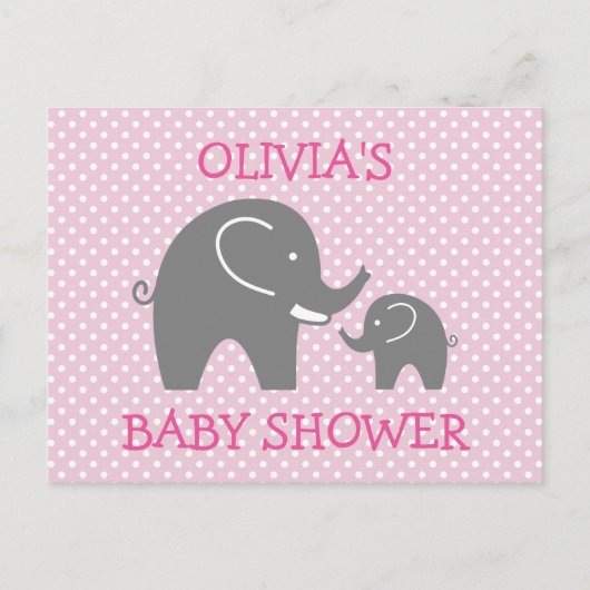 Schattige roze grijs olifant meisje baby shower br uitnodiging briefkaart (Voorkant)