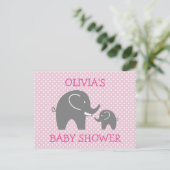 Schattige roze grijs olifant meisje baby shower br uitnodiging briefkaart (Staand voorkant)