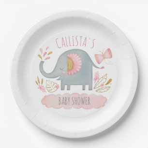 Schattige Roze Grijs Olifant Meisje Baby shower Papieren Bordje