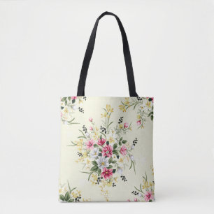 schattige roze grijze en gele bloemen met groen ve tote bag