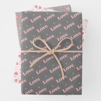 Schattige Roze/Grijze Valentijn ‘Love’ & Hart Patt Inpakpapier Vel