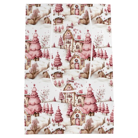 Schattige roze grillig besneeuwd kerstpatroon medium cadeauzakje (Achterkant)