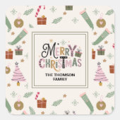Schattige Roze Groen Doddle Vrolijk Kerstfeest Vierkante Sticker (Voorkant)