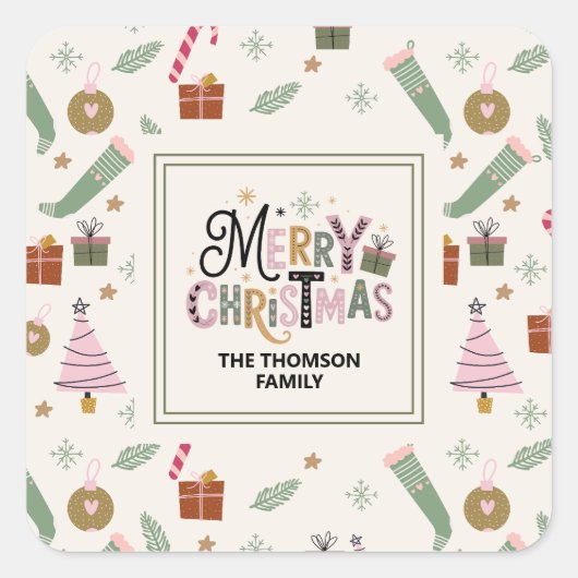 Schattige Roze Groen Doddle Vrolijk Kerstfeest Vierkante Sticker (Voorkant)