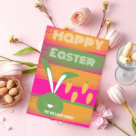 Schattige Roze Groene Gelukkige Paashaas en Wortel Feestdagenkaart