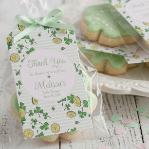 Schattige Roze Groene Klavers & Geluks Munten Dank Cadeaulabel