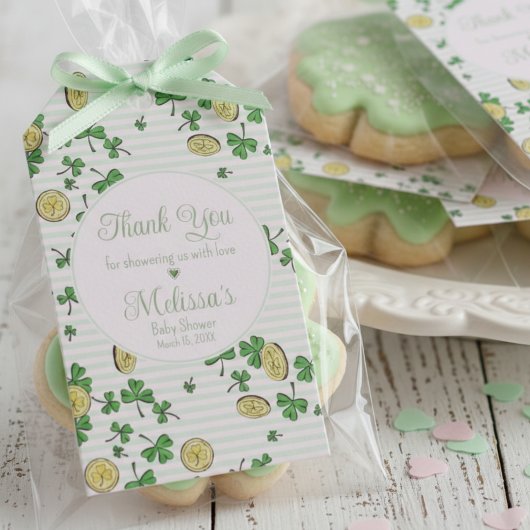 Schattige Roze Groene Klavers & Geluks Munten Dank Cadeaulabel