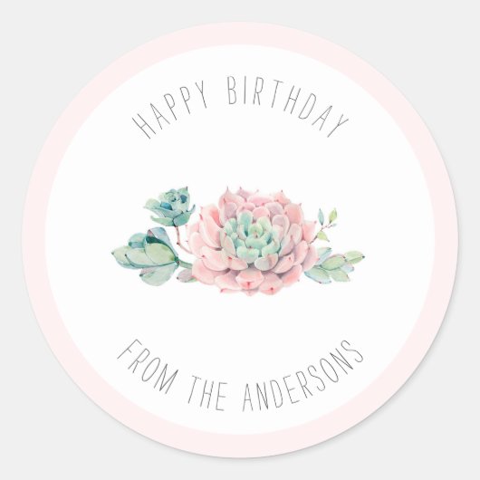 Schattige roze groene vetplanten Happy Birthday Ronde Sticker (Voorkant)
