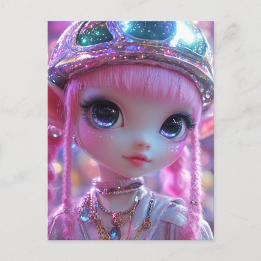 Schattige Roze Haar Grote Ogen Gal Briefkaart (Voorkant)