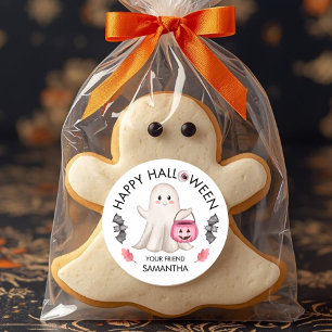 Schattige Roze Halloween Geest, Pompoen & Vleerm Ronde Sticker