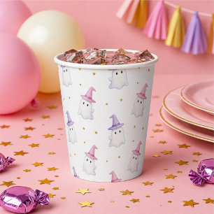 Schattige Roze Halloween Geesten en Heksenhoeden Papieren Bekers