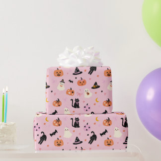 Schattige Roze Halloween Geesten Katten en Pompoen Cadeaupapier