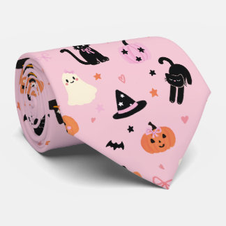 Schattige Roze Halloween Geesten Katten en Pompoen Stropdas