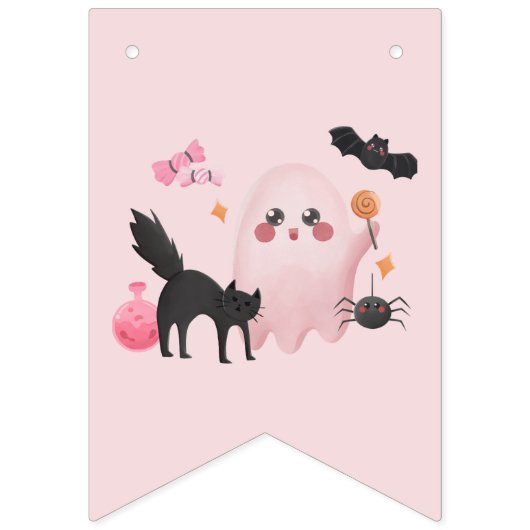 Schattige Roze Halloween Happy Birthday Party Vlaggetjes (Eerste vlag)