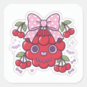Schattige Roze Halloween Kersenskeletsticker - Kaw Vierkante Sticker
