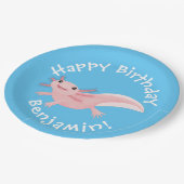 Schattige roze happy axolotl gepersonaliseerde ver papieren bordje (Gekanteld)