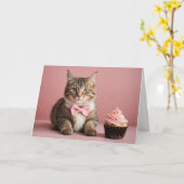 Schattige Roze Happy Birthday Cat Cupcake Kaart (Gele Bloem)