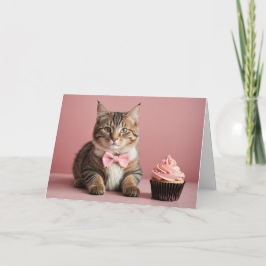 Schattige Roze Happy Birthday Cat Cupcake Kaart (Voorkant)