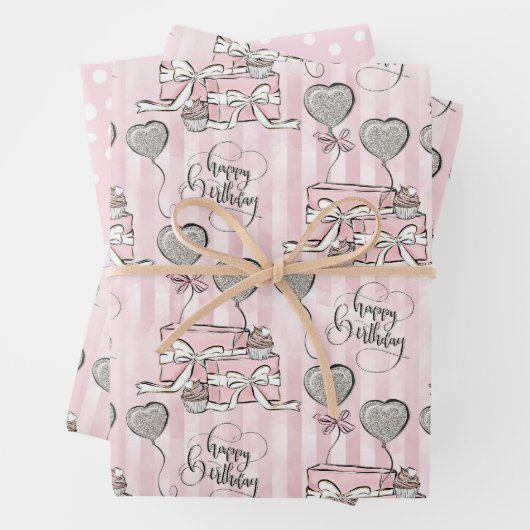 Schattige Roze Happy Birthday Pattern Inpakpapier Vel (In situ)