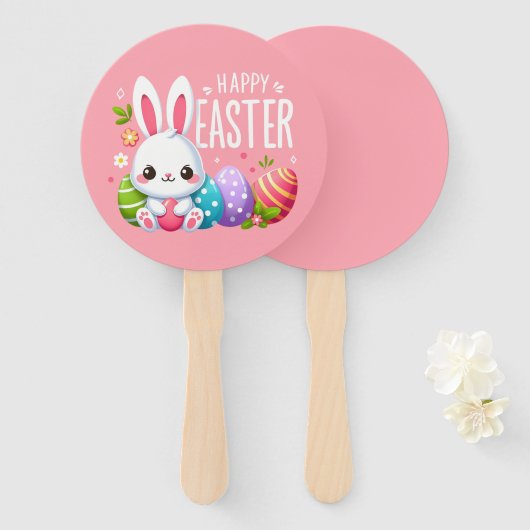 Schattige, roze Happy Easter bunny Handwaaier (Voorkant en achterkant)